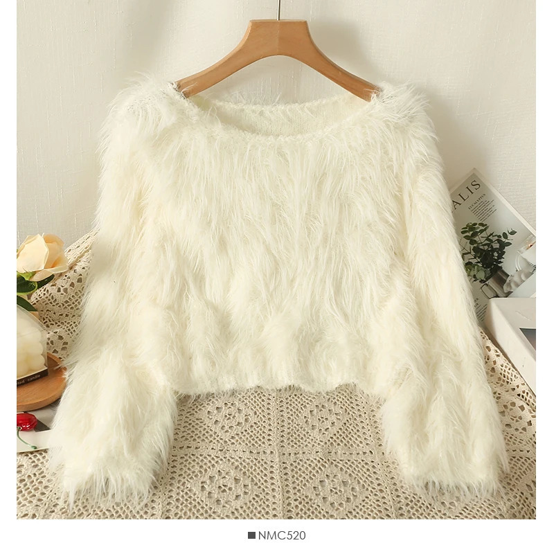 Fuzzy Knit Pullover Women 34 Sleeve Plain Brushed Crop Sweater Jumper Women Teengirl Fall Winter Basic Outfit 251016