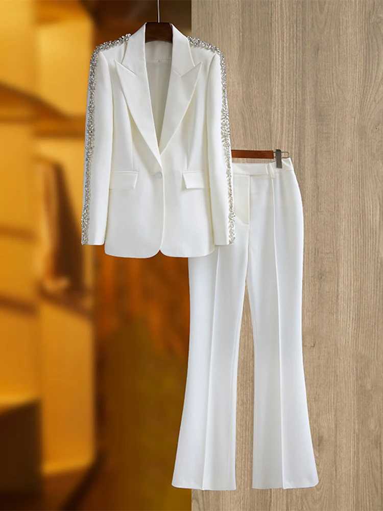 HIGH STREET Newest 2024 Runway Designer Suit Set Womens Career Style Single Diamonds Beaded Blazer Flare Pants SuitT251022