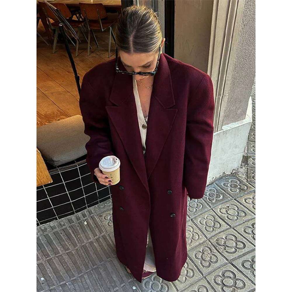 Suit Woolen Coat Bury Red Double Breasted Lapel Pockets Long Sleeves Women's Overcoat Winter Thicken Loose Outwear Top