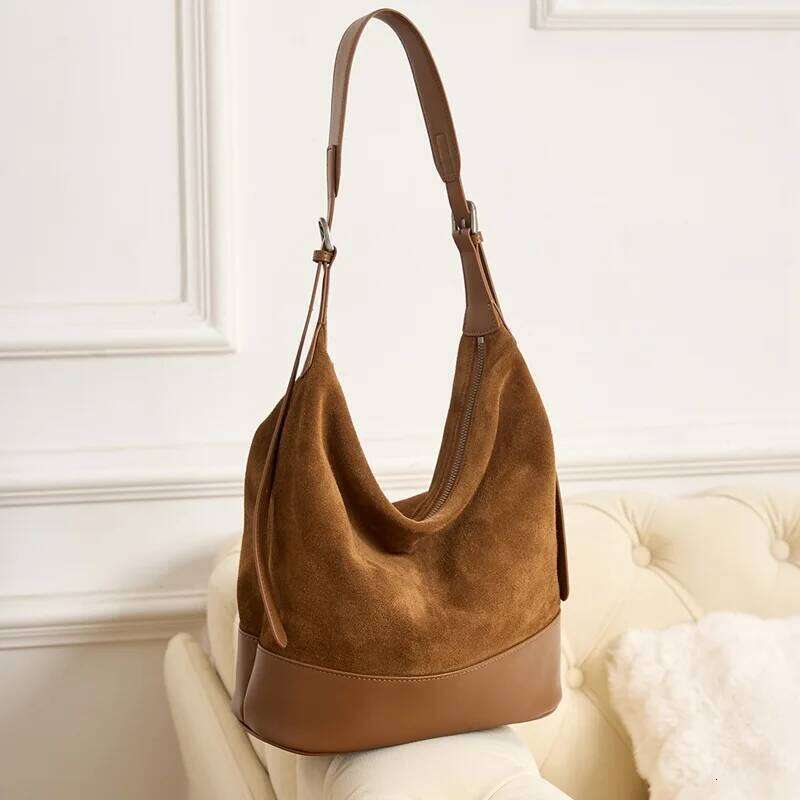 Faux Suede Genuine Leather Bucket Underarm Bag For Women Handbag Pursevintage Commuting Large Capacity Shoulder Bags Suotong1022