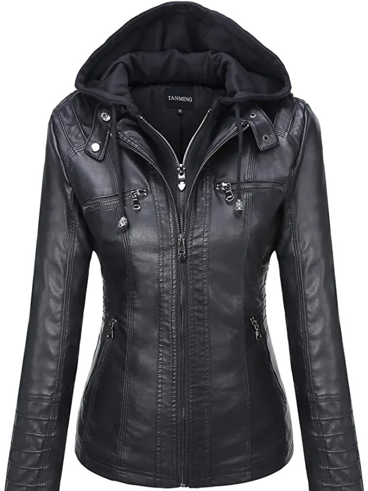 Hooded Leather Jacket TwoPiece Set Removable Large Size for Women Spring Fall Outwear Pu Washed 251017