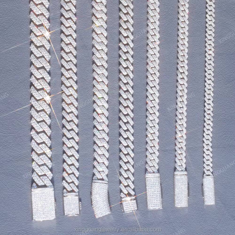 RTS 100 Passed Diamond Test Hot Popular Cuban Lidynamic Chain 2rows 8mm to 15mm VVS Moissanite S925 Silver Cuban Hip Hop Necklace