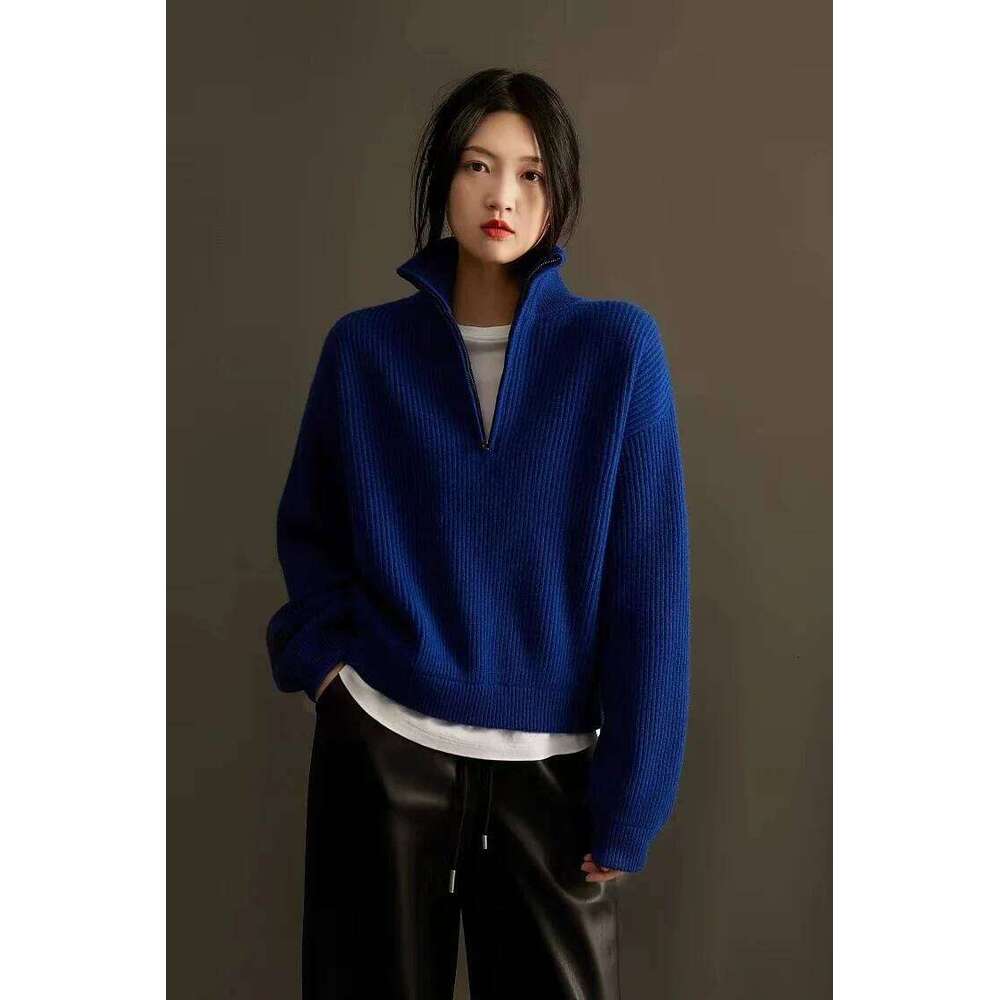 Women's Italian Craft 100% Pure Cashmere Half Zipper Stand Collar Thickened Loose Lapel Pullover Knitted Sweater 251022