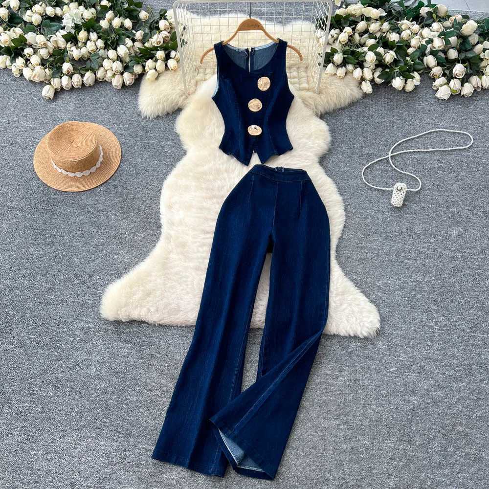 Denim Pant Set Women Two Piece Sets Sleeveless Vests Tops Wide Leg Long Pants High Waist Y2k Streetwear Elegant Work 2025T251022