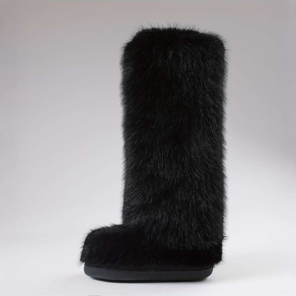 Women's Fluffy Faux Fur Knee-High With Plush Slip-Resistant Rubber Sole, Round Toe Arch Support, Warm Cozy Snow Boots For Casual & Formal Outfits
