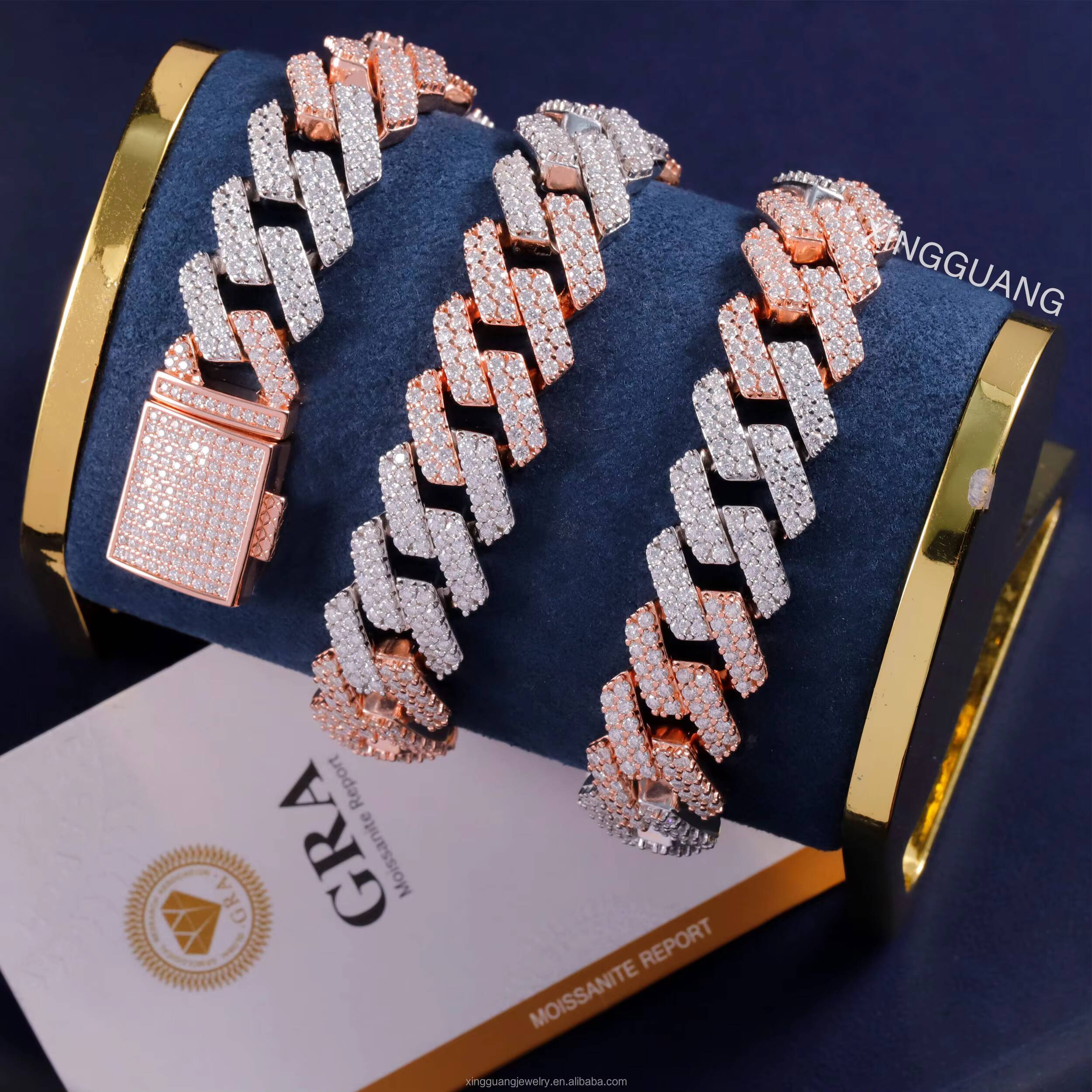 Customized Trend Two Tone Necklace 925 Silver Gold Plated Moissanite Cuban Chain Hip Hop Jewelry 15MM Wide VVS Moissanite Cuban Lidynamic Chain