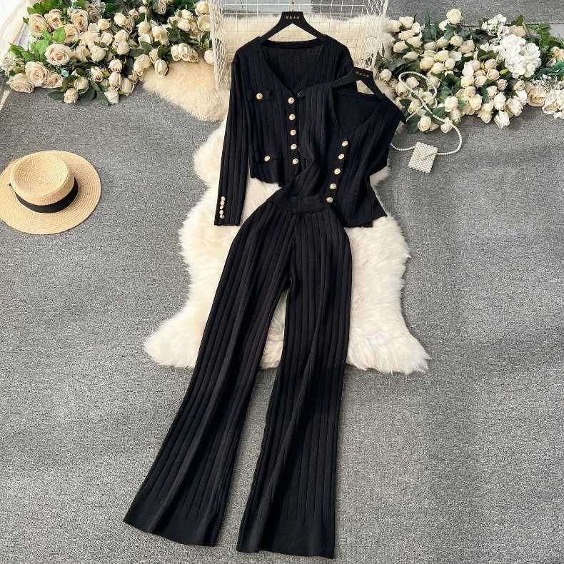Three Piece Sets Women Pant Set Knitted V Neck Vests Spring Elegant Coats Tops Wide Leg Long Pants Single Breasted 2025 VintageT251022