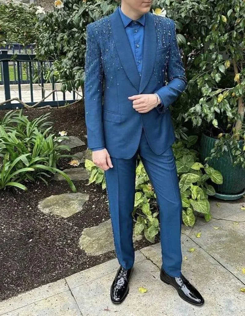 Exquisite Man Tuxedos 2 Pcs Jacket Pants Beading Men Suit Formal Shawl Lapel Single Breasted Wedding Groom Coat Customized