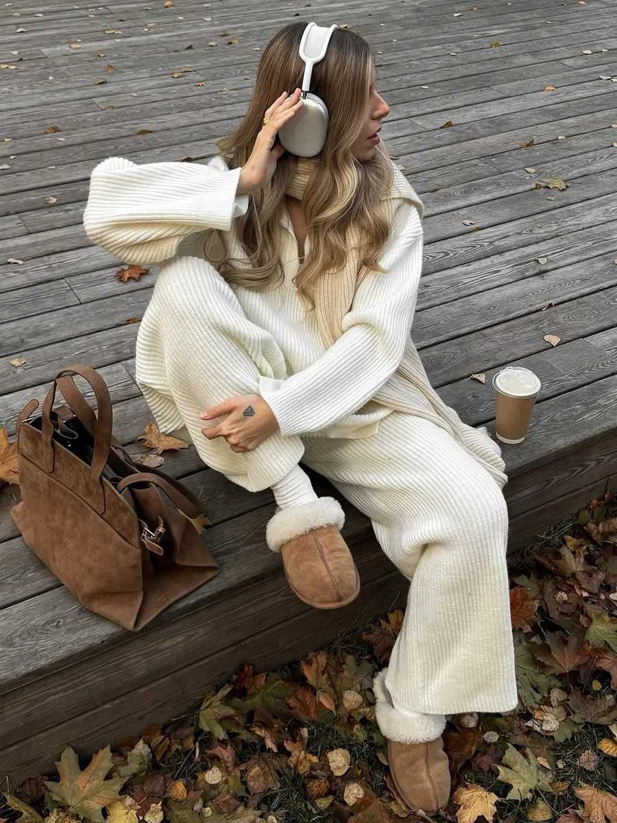 Wolfeel Womens New Autumn Winter Collared Half Zip Ribbed Knit 2Piece Set Oversized Wide Leg Pants Fashion Sweater SuitT251022