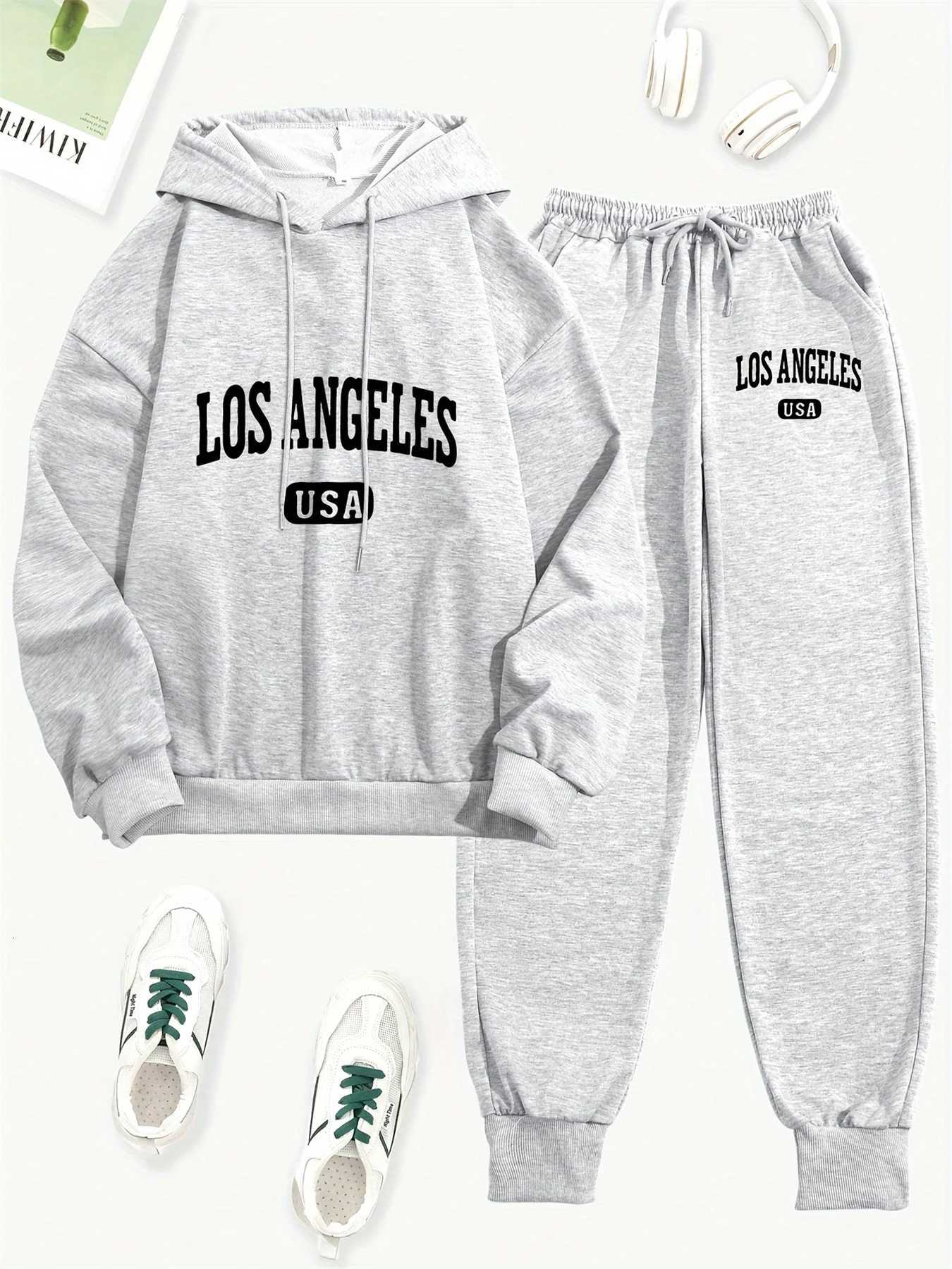 Womens AutumnWinter HoodieSports Pants Set for Street Casual Los Angeles USA Letter Printed Fashion and Velvet Warm ClothingT251022