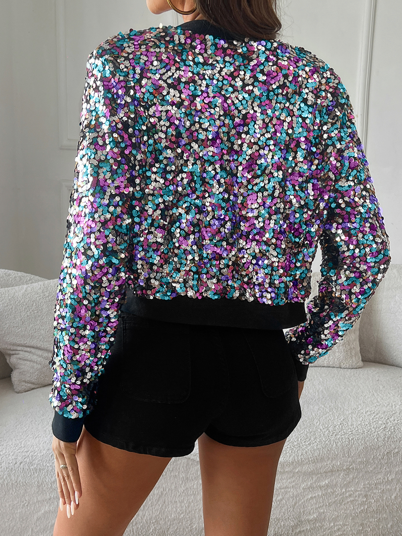 Wholesale Women's Sequin Cropped Jacket, Party Glitter Blazer Coat, Multicolor Sparkle Coat for Night Club, Festival (S-XL)-D030