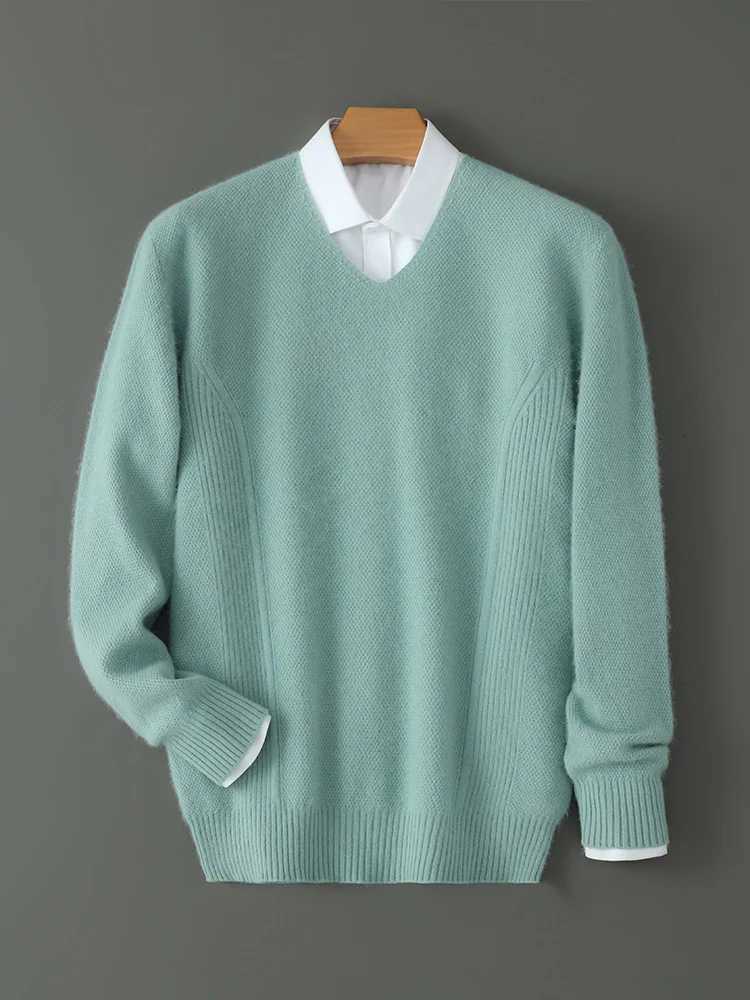 ANGEL 100 Mink Cashmere Mens Vneck Sweater Long Sleeve Pullover 2024 Autumn Winter Knitted Casual Loose Jacket Soft Warm TopsXJ251022