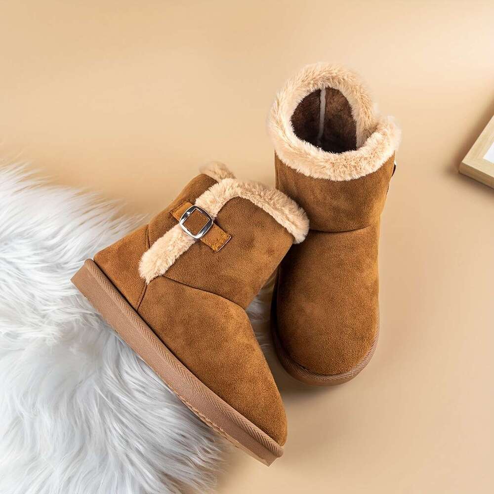 Girls' Winter Snow Boots, Non-Slip Buckle, Warm Faux Suede, EVA Sole, Mid-Calf Height, Solid Color, Pull-On, For Kids Ages 14 And Under