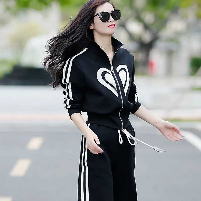 Womens Spring Summer 2025 New Stand Collar Zippered Sweater Coat Tops Wide Leg Pants Two Piece Set Casual Sports Suit For WomenT251022
