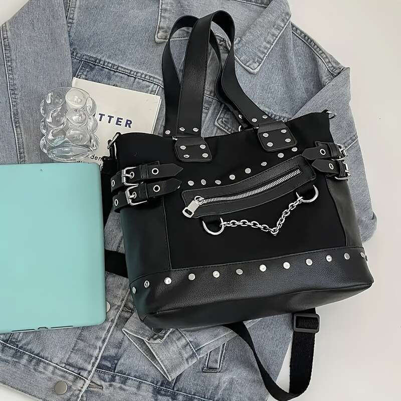Punk Style Large-Capacity Handbag - Retro Solid Color With Rivet Embellishment, Adjustable Shoulder Strap, Nylon Material, Suitable Outdoor Daily Use,