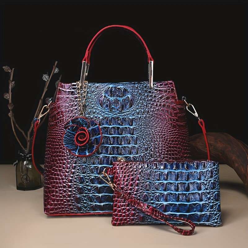 2Pcs Crocodile Print Handbag Set Fashionable Vintage Style, Multi-Functional Top Handle Crossbody, Business Clutch & Coin Purse - Spacious, Secure, Id