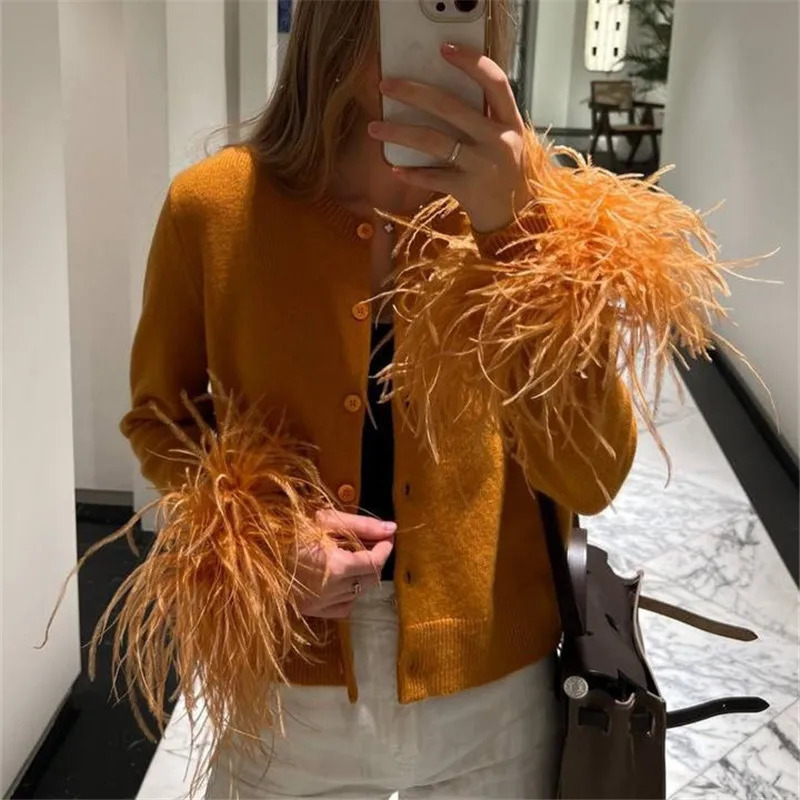 hirigin Fashion O Neck Sweater Tops Fur Feather Patchwork Long Sleeve Knitted Cardigan Spring Fall Slim Knitwear Top Streetwear 251016