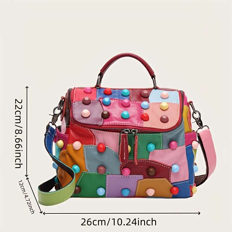 1Pc Geometric Pattern Handbag - Detachable Shoulder Strap, Zipper Closure, Polyester Lining, Multi-Functional Spacious Messenger Bag With Random Patch