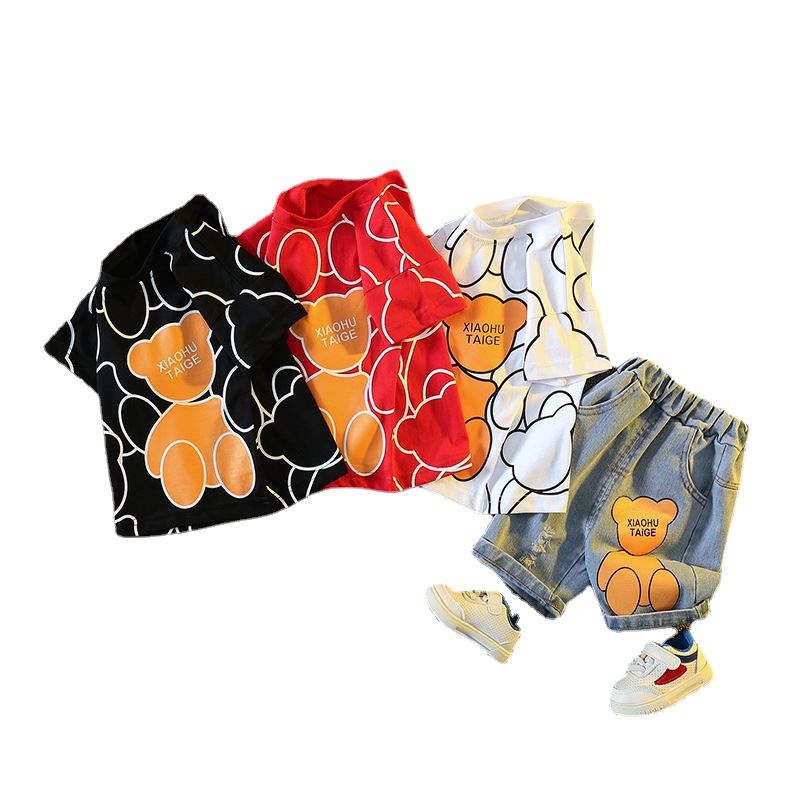 Free Shipping Designer Bear Print Baby Outfit - Class A Soft Cotton 2-Piece Set, Korean Loose Fit Clothes for Toddlers