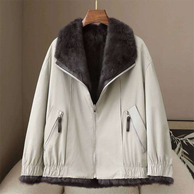 2025 High-quality Real Rabbit Hair Fur Parka Women's Autumn Winter Outdoor Coat Two-sided Wear Jacket Loose Outerwear Streetwear