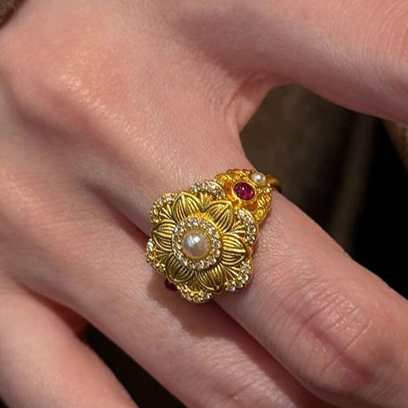 Blooming Flowers Small Gold Flower Pearl Ancient Method New Chinese Style Fortune Lotus Ring