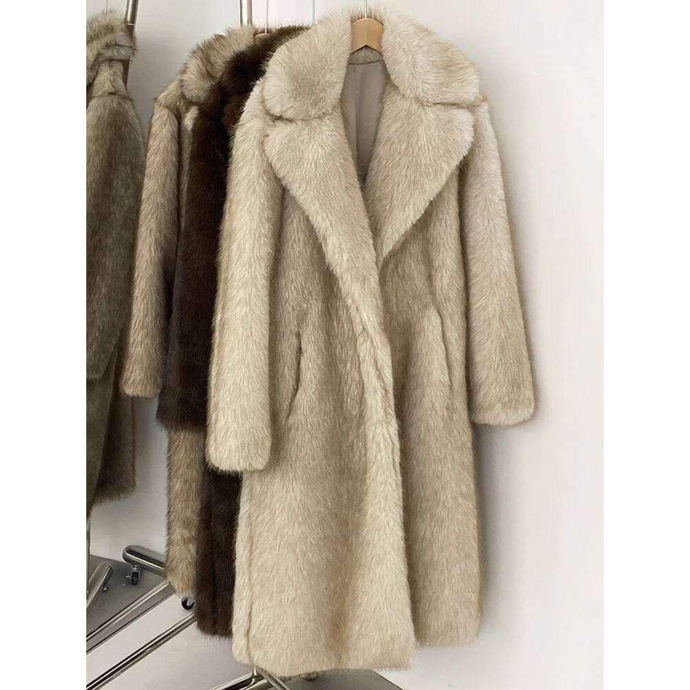 Mueyeruho 2025 Winter Faux Fur Jacket Solid Khaki Long Sleeve Thick Warm Overcoat Outwear Fluffy Coat For Women