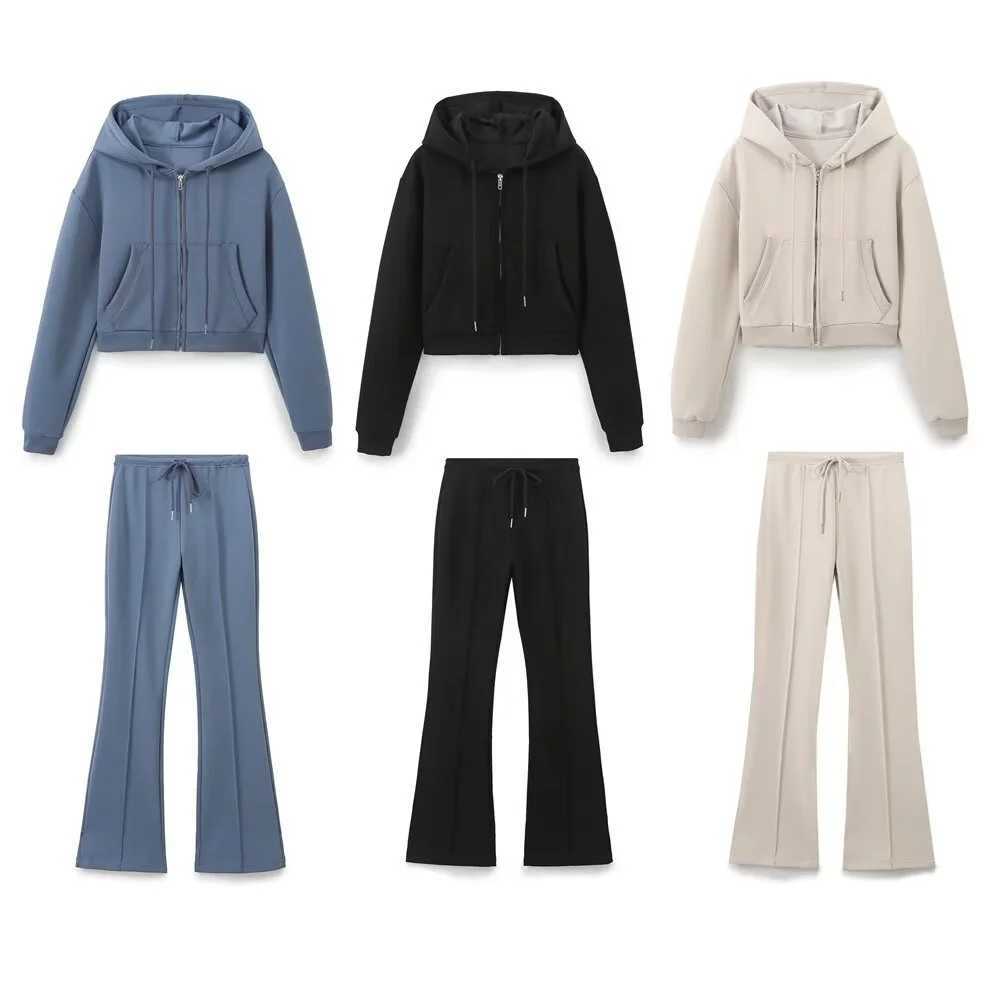 Autumn new womens fashionable casual zipper decoration hooded long sleeved sweatshirt jacket trumpet pants setT251022