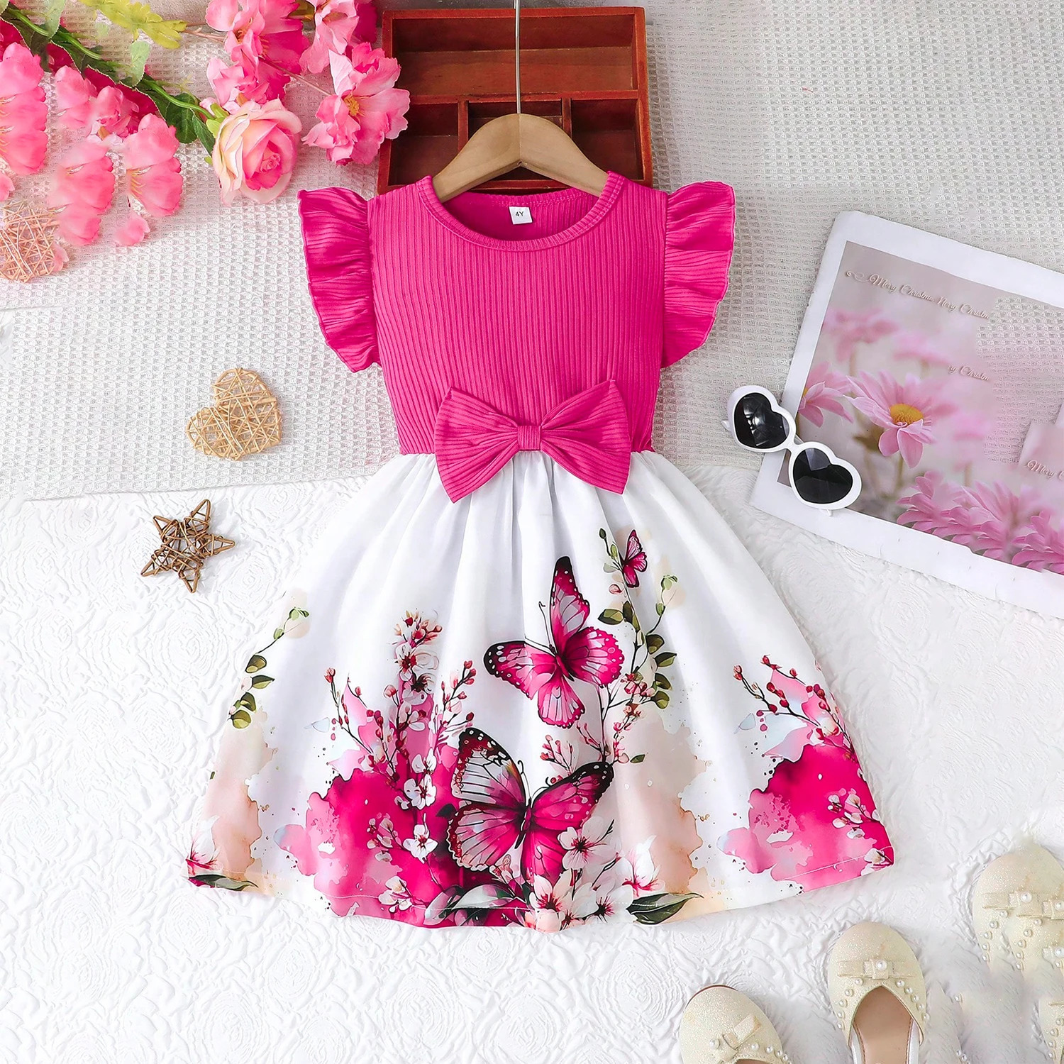 Flower Girls Dresses for Kids Cute Butterfly Birthday Caucal Wear Sleeveless Wedding Party Bow Princess Dresses for 38Yrs i251021