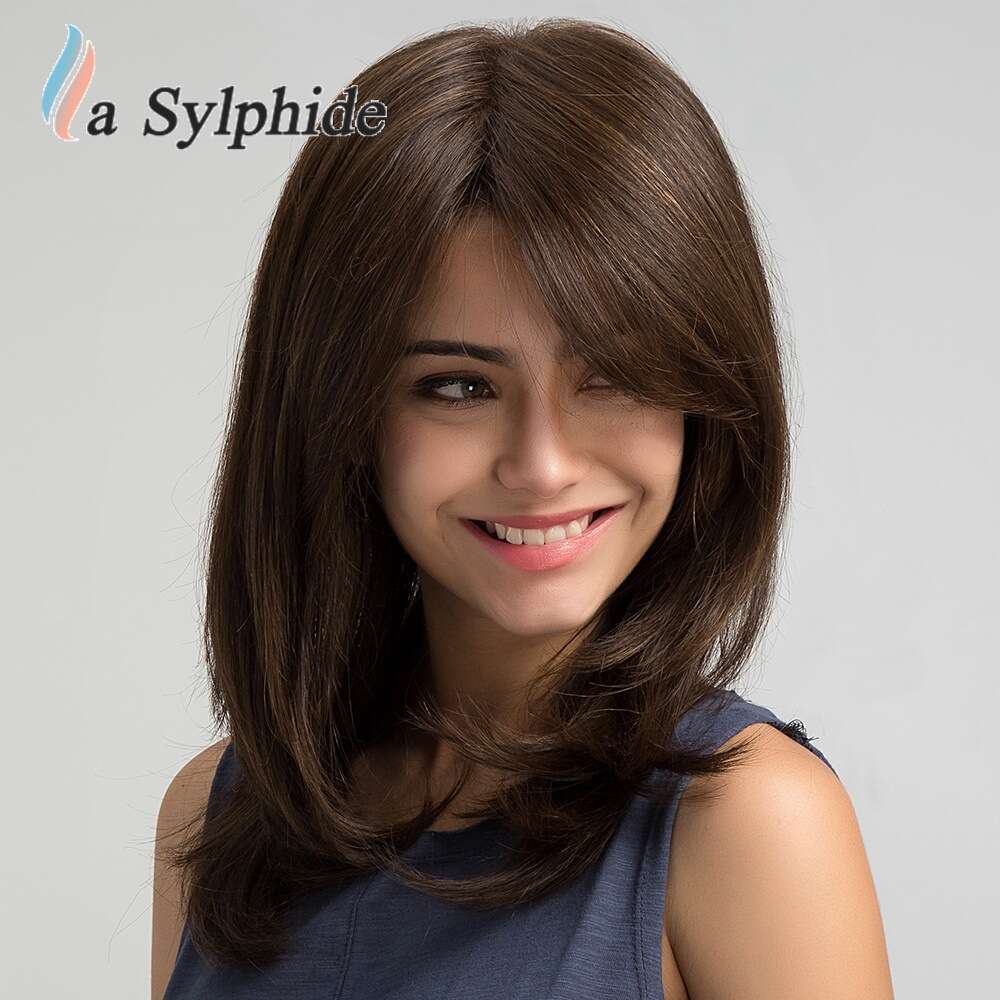 Full Wig Dark Brown Side Part Long Straight Matte High Temperature Fiber Age-Reducing High-Layered Collarbone Hair
