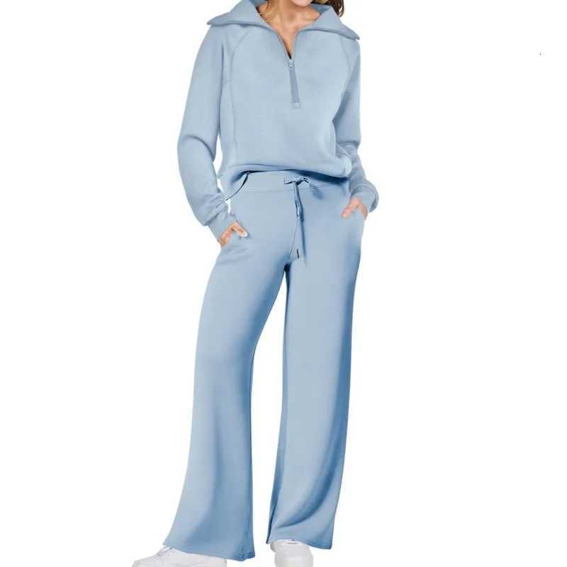 Solid Twopiece set Women Fashion Long Sleeve Zipper Sweater Pullover Tie up Pocket Wide Leg Pant Suit Loose Casual Sport SetsT251022
