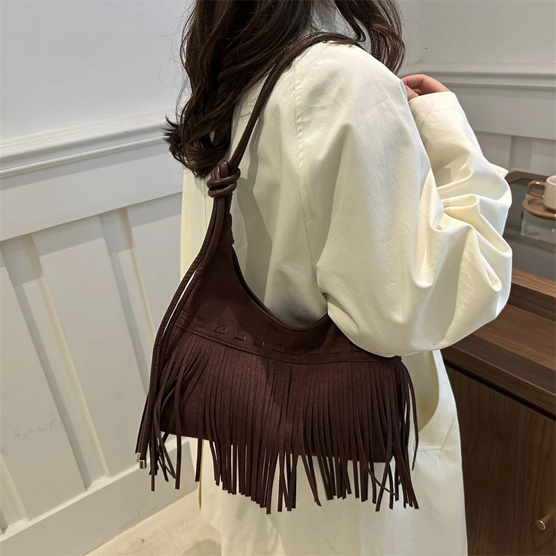 Vintage Fringe Crossbody Bag Fashion Suede Slouchy Trendy Tassel Underarm for Women Work Shopping Travel Winter Fall 251018