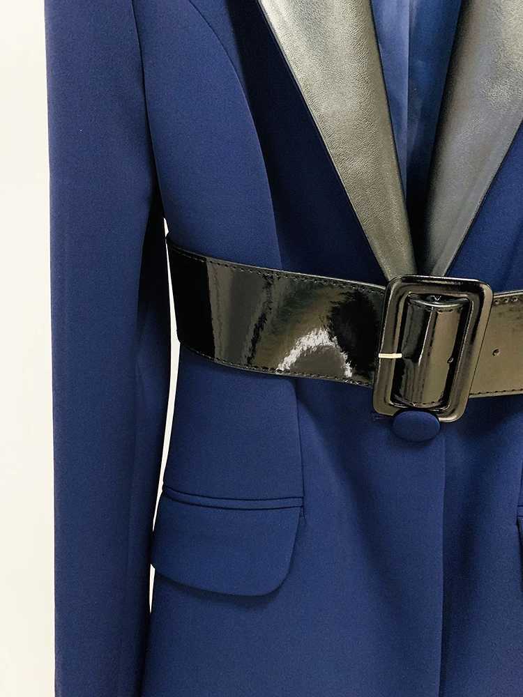 HIGH STREET Newest 2024 SS Runway Designer Suit Set Womens Leather Collar Belted Blazer Pencil Pants Set 2pcsT251022