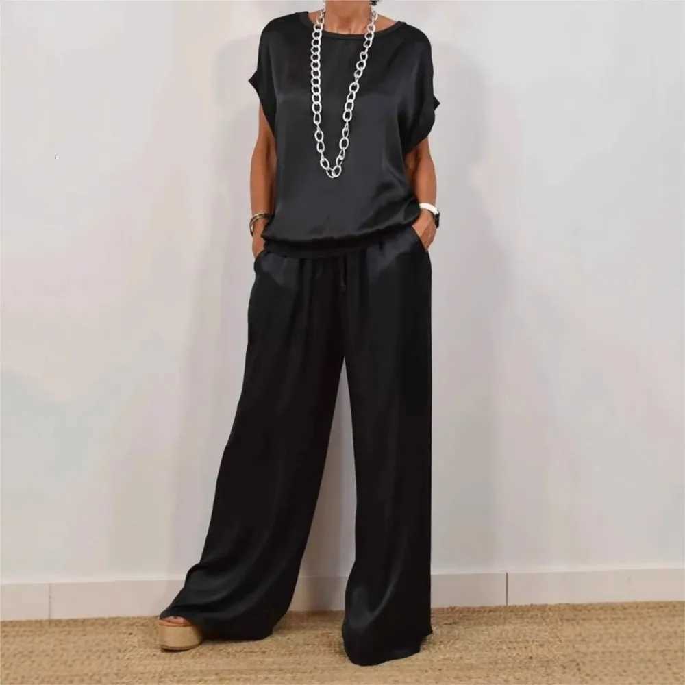 Casual Loose Satin T Shirt And Pants Two Piece Sets Women Summer Solid Short Sleeve T Shirts Suit Elegant Wide Leg Pants SetsT251022