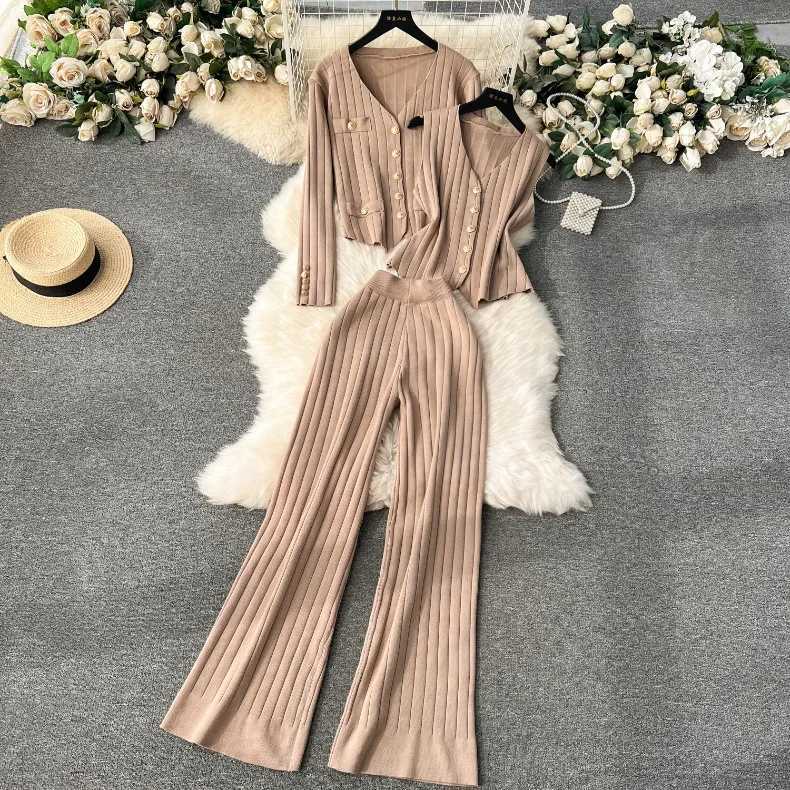 Three Piece Sets Women Pant Set Knitted V Neck Vests Spring Elegant Coats Tops Wide Leg Long Pants Single Breasted 2025 VintageT251022