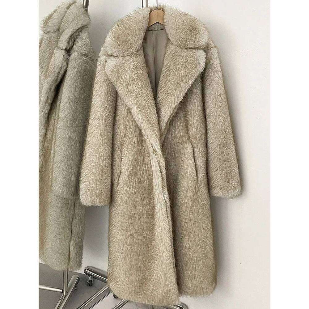Mueyeruho 2025 Winter Faux Fur Jacket Solid Khaki Long Sleeve Thick Warm Overcoat Outwear Fluffy Coat For Women
