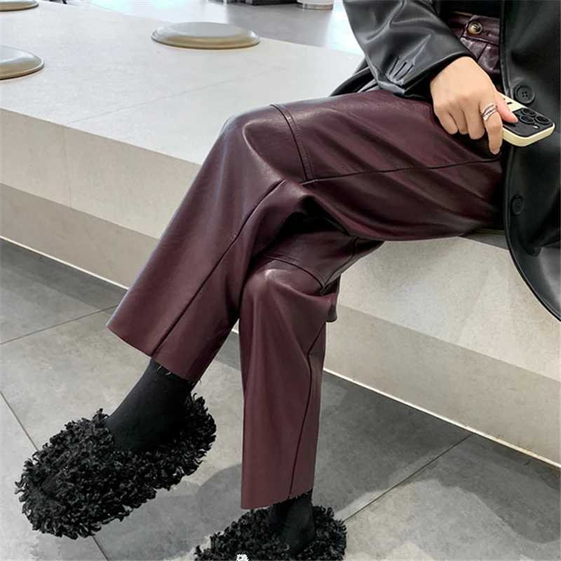 Autumn Winter PU Leather Vintage Womens Ankle Length Pants 2024 New High Waist Zipper Black Straight Pants Female PocketsT251022