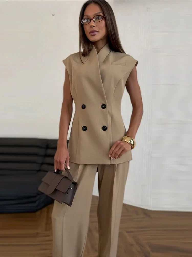 Elegant Solid Jacket Pants Set Women Sleeveless Double Breasted Stand Collar Top Straight High Waist Trousers Spring SuitT251022