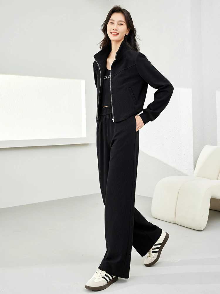 VIMLY Black Three Piece Pant Suits for Women Zipper Jacket Tank Top Sweatpants 2025 Autumn Women New in Matching Sets M5021T251022