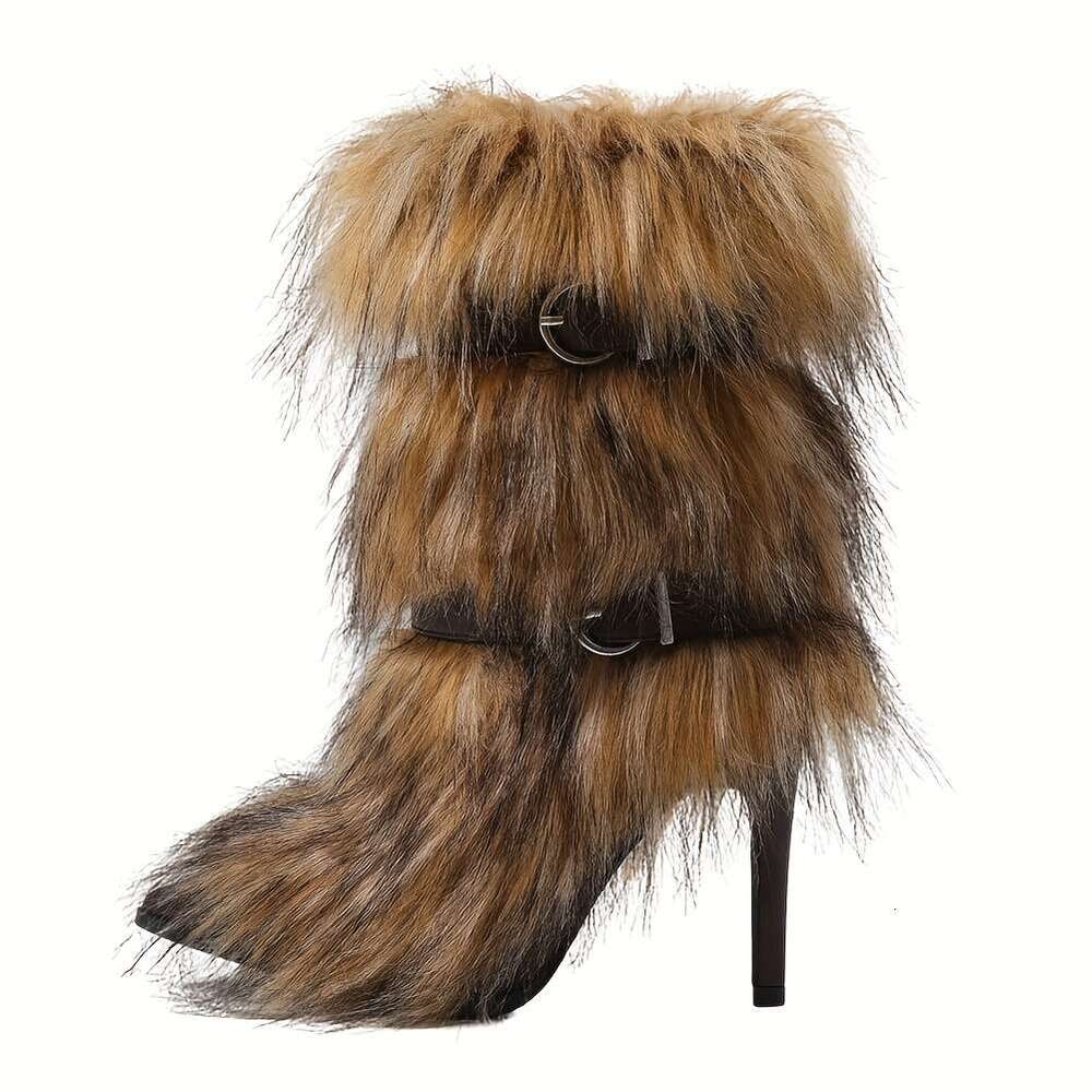 Women's Punk Style Faux Fur Fluffy Pointed Toe Stiletto Ankle Plush Lining Warm Winter Snow Boots With EVA Insole & Non-Slip Rubber Sole, Cozy Fu