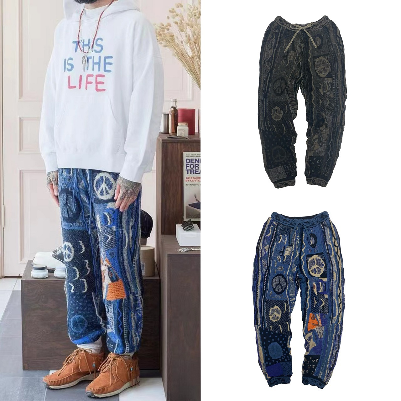 Kapital Vintage Men's Sweaters National Characters Bitter Gourd Pattern Jacquard Japanese O Neck Pullover Knitwear For Male Luxurious Design Retr