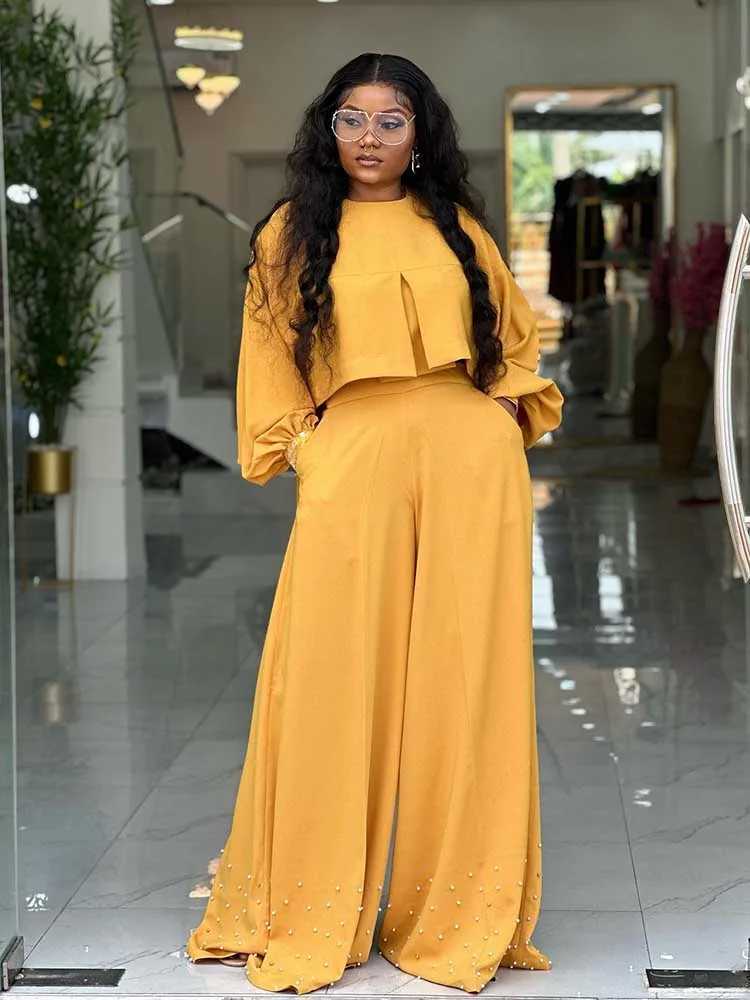 Spring Clothes for Women 2 Piece Sets Women Outfit Lantern Sleeves Suit with Wide Pants and Top High Street Ladies Elegant SetsT251022