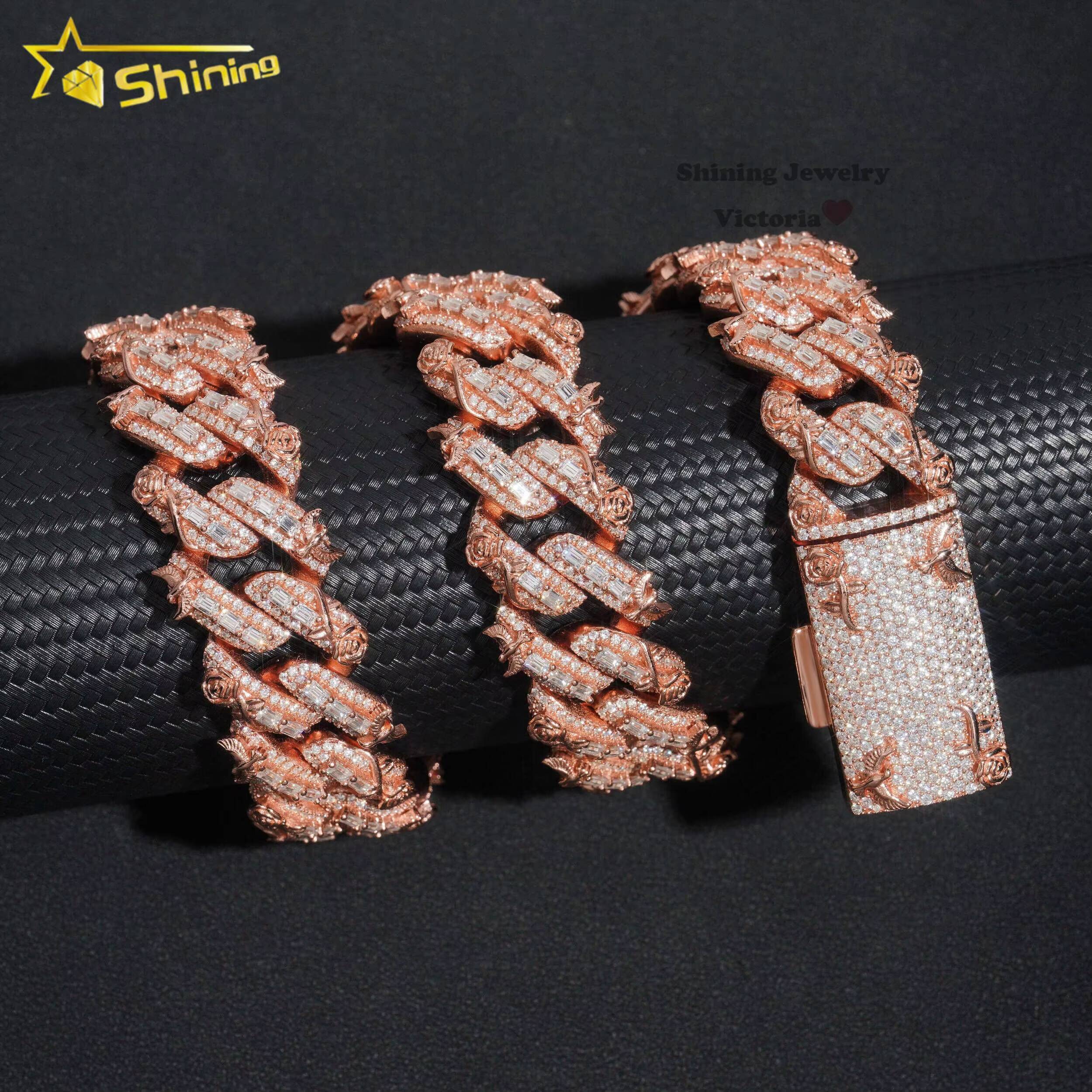 New Design Rapper Jewelry 20mm Rose Gold Bird Cuban Chain Sterling Silver Hip Hop Miami Vvs baguette Moissanite Cuban Link Chain