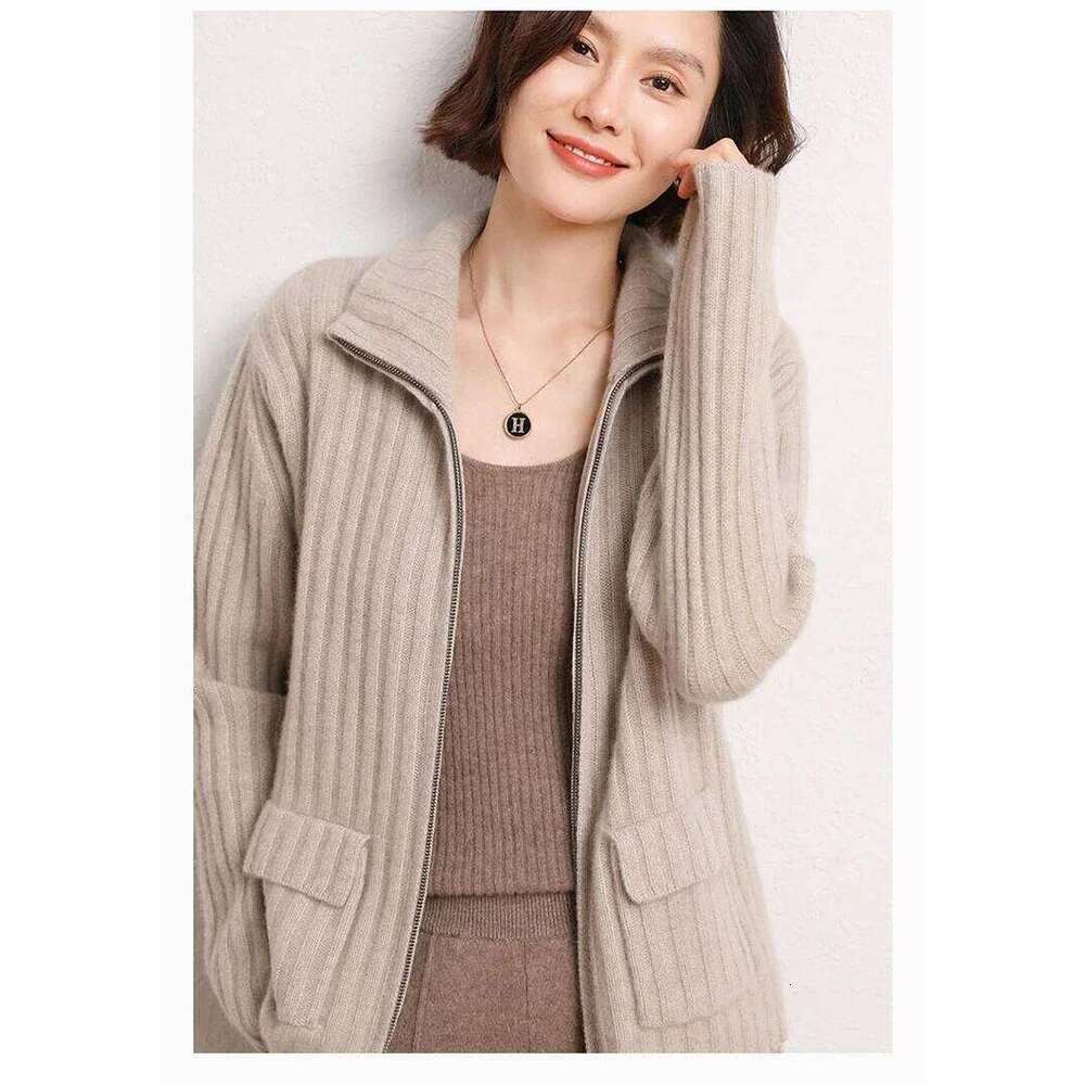 Women's Heavy Three-Strand Pit Pure Cashmere Cardigan Stand-Up Collar Zipper Knitted Sweater Ingenious Craftsmanship Loose Coat 251022