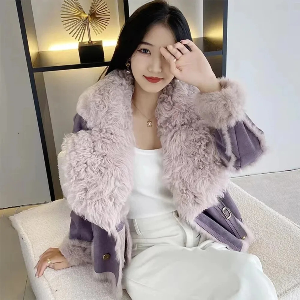 OFTBUY Winter Women Fur Jackets Real Naturally Rabbit Lining Sheepskin Neck Short Coat Selling Lnternet Celebrity Jacket 251015