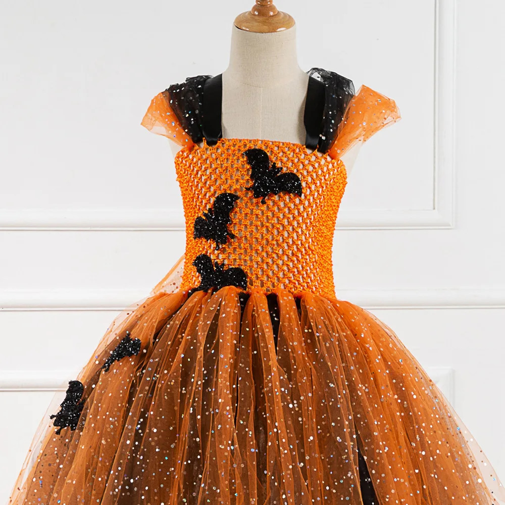 Sparkly Bat Halloween Costumes for Girls Kids Witch Long Tutu Dress Children Carnival Party Outfit Gold Black Ball Gown i251021