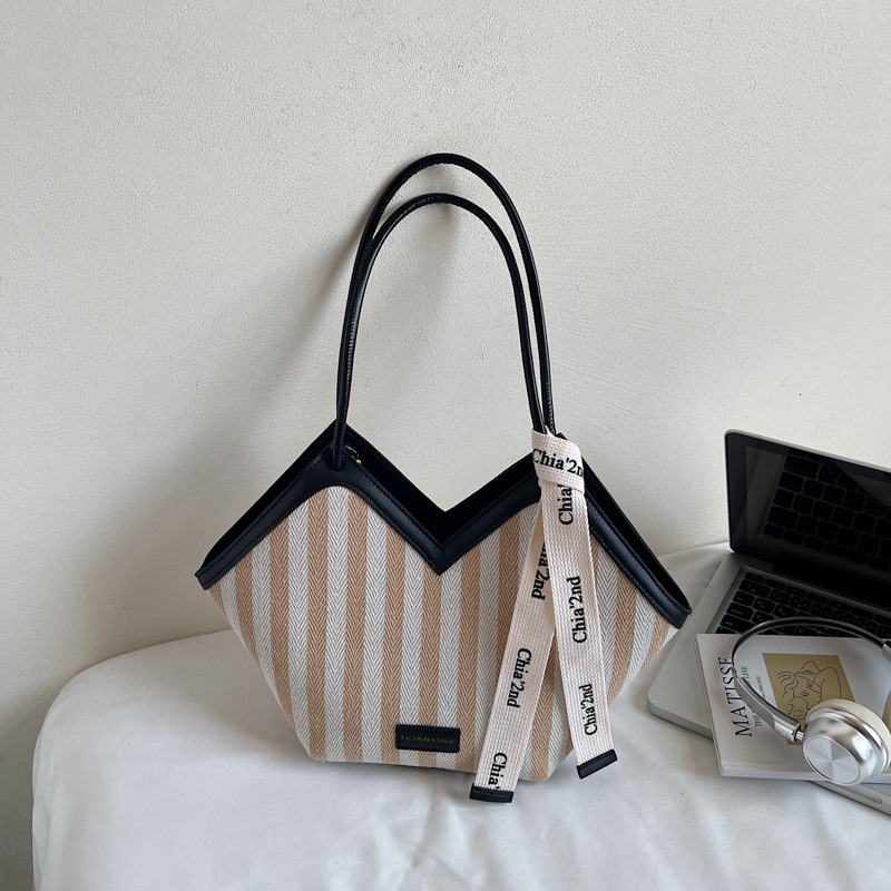 Luxury Brand Designer Bag 2025 New Women's Bag Urban Simple Color-Block Striped Shoulder Bag High-End Ribbon Commuting Tote Bag
