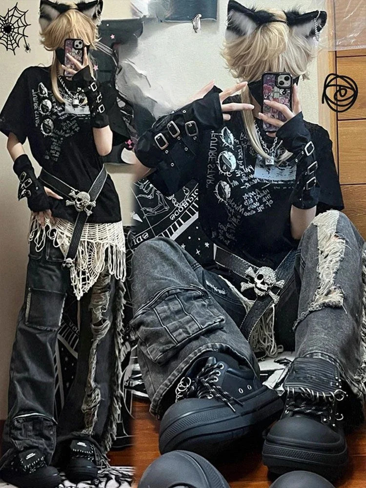 Vintage Grunge Jeans Woman Punk Hole Trousers Streetwear High Waist Wide Leg Y2k Aesthetic Baggy Denim Pants Pantalones Mujer 251017