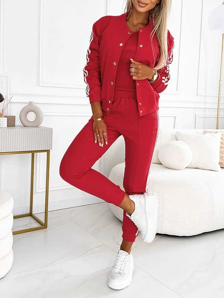 Autumn 3 Piece Tracksuit Outfit Set Striped Tape Patch Button Front Jacket Cuffed Pants Tank Top with Pockets for Casual WearT251022