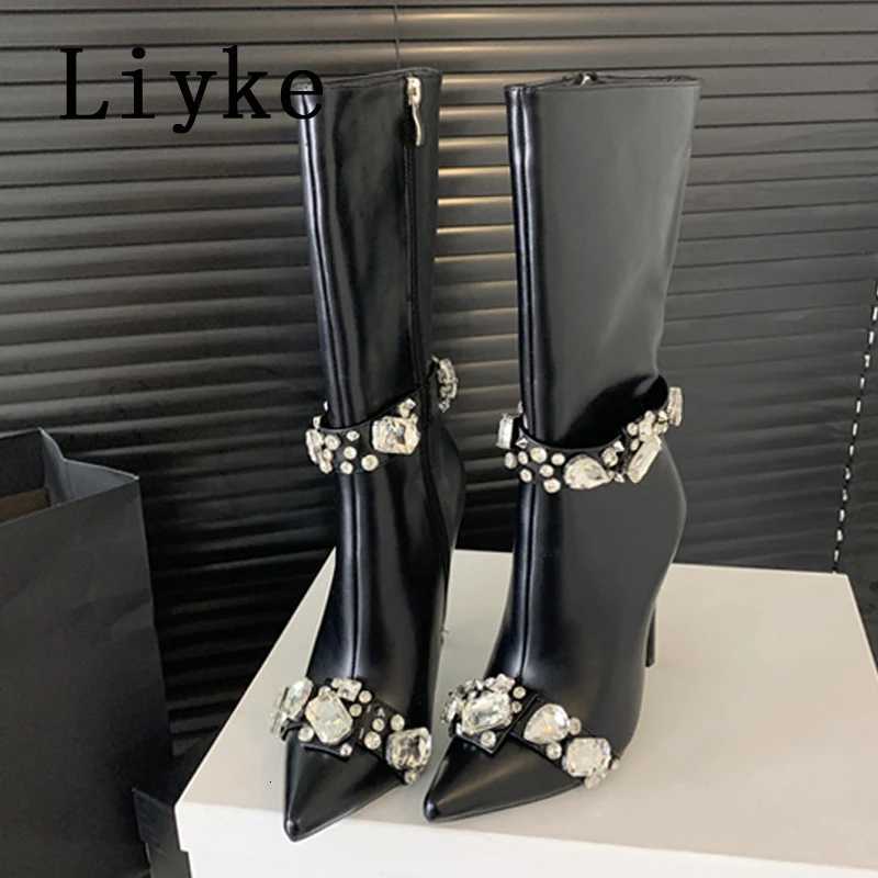 L ike Fashion Crystal Gem Rivet Women Autumn Winter Shoes Zip Ankle Chelsea Boots Sexy Pointed Toe Party Stripper Heels Booties Z251020