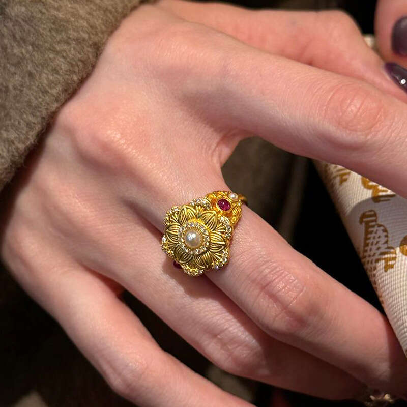 Blooming Flowers Small Gold Flower Pearl Ancient Method New Chinese Style Fortune Lotus Ring